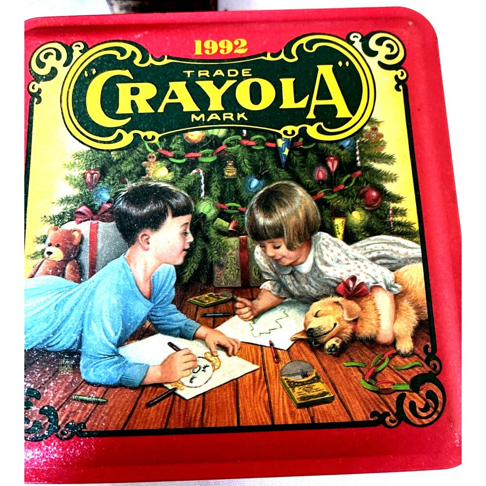 Crayola 1992 Limited Edition Holiday Square Tin Box Christmas Decor Red Gold